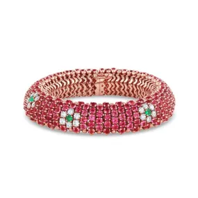 18k Yellow Rose Gold Pink Sapphire Emerald Diamond Caterpillar Bracelet