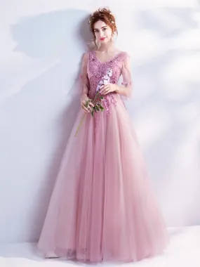 A-line V-Neck Floor-Length Tulle Appliqued Lavender Prom Dresses ASD26997