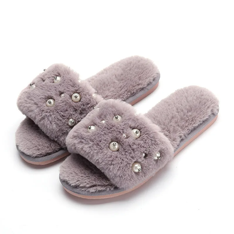 Beaded Plush Slippers for Women