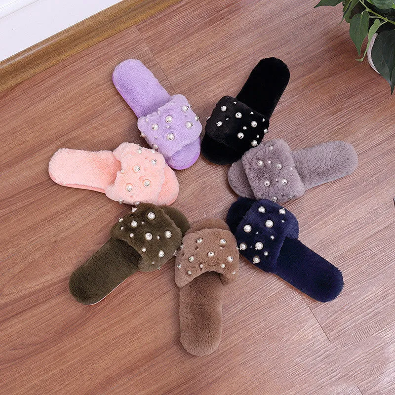 Beaded Plush Slippers for Women