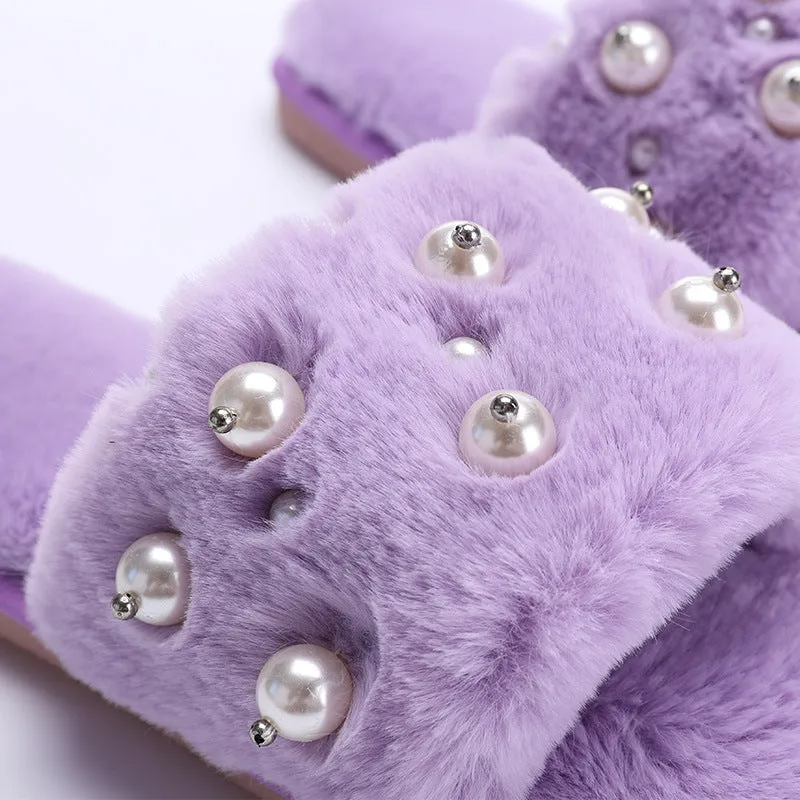 Beaded Plush Slippers for Women