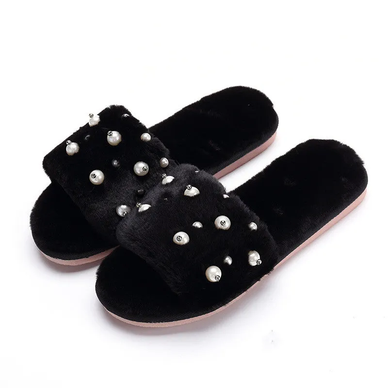 Beaded Plush Slippers for Women