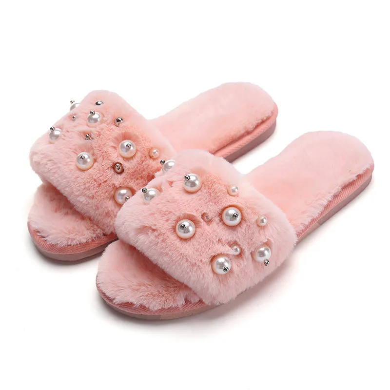 Beaded Plush Slippers for Women