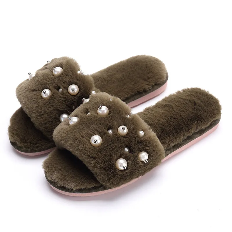 Beaded Plush Slippers for Women