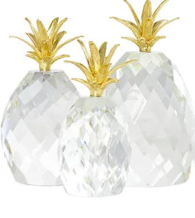 CLEAR CRYSTAL FRUIT FACETED PINEAPPLE SCULPTURE WITH GOLD LEAVES