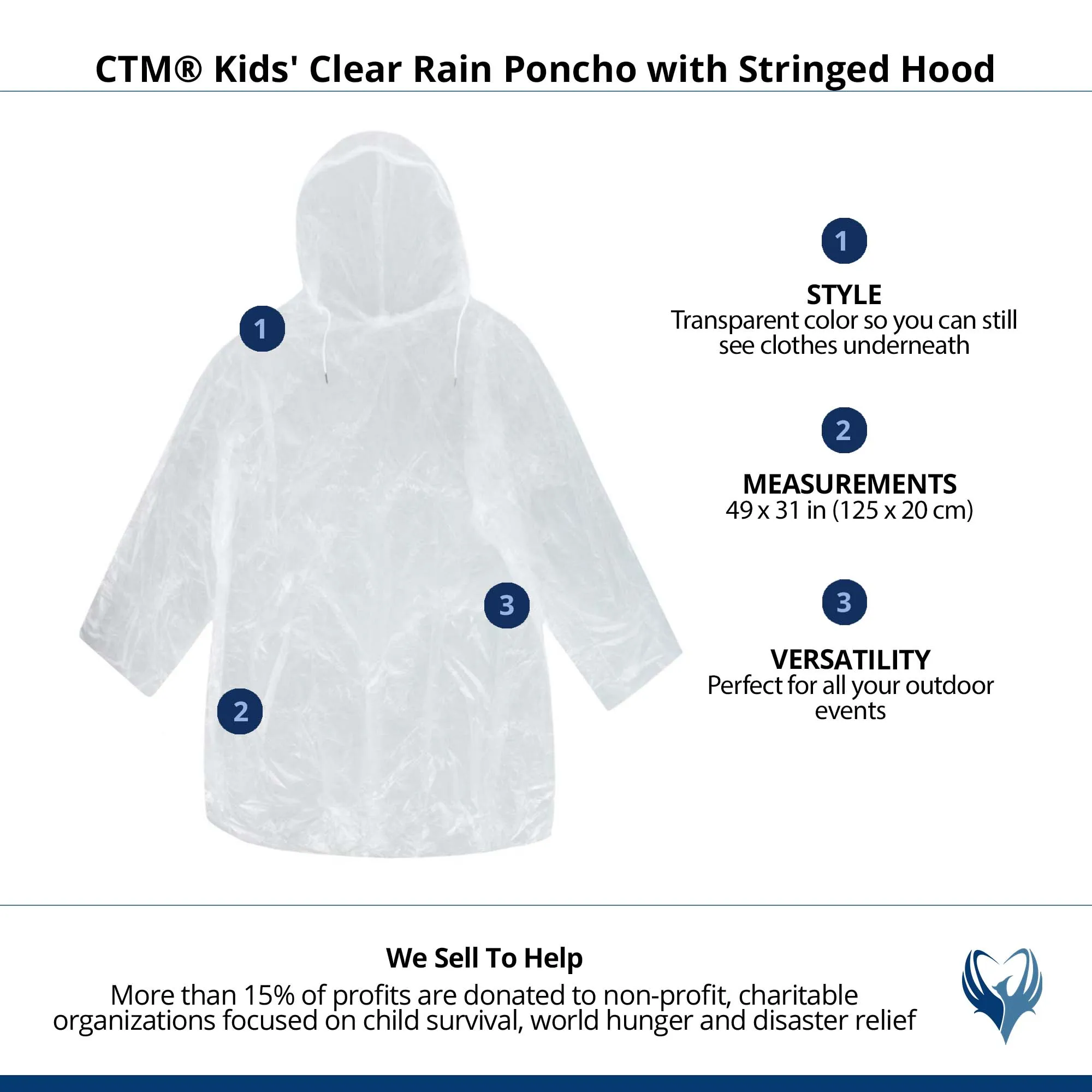 CTM® Kids' Clear Rain Poncho with Stringed Hood