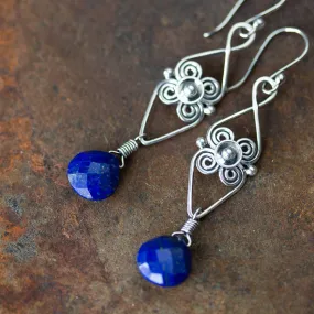 Long Elegant Lapis Lazuli Earrings, Sterling Silver Metalwork