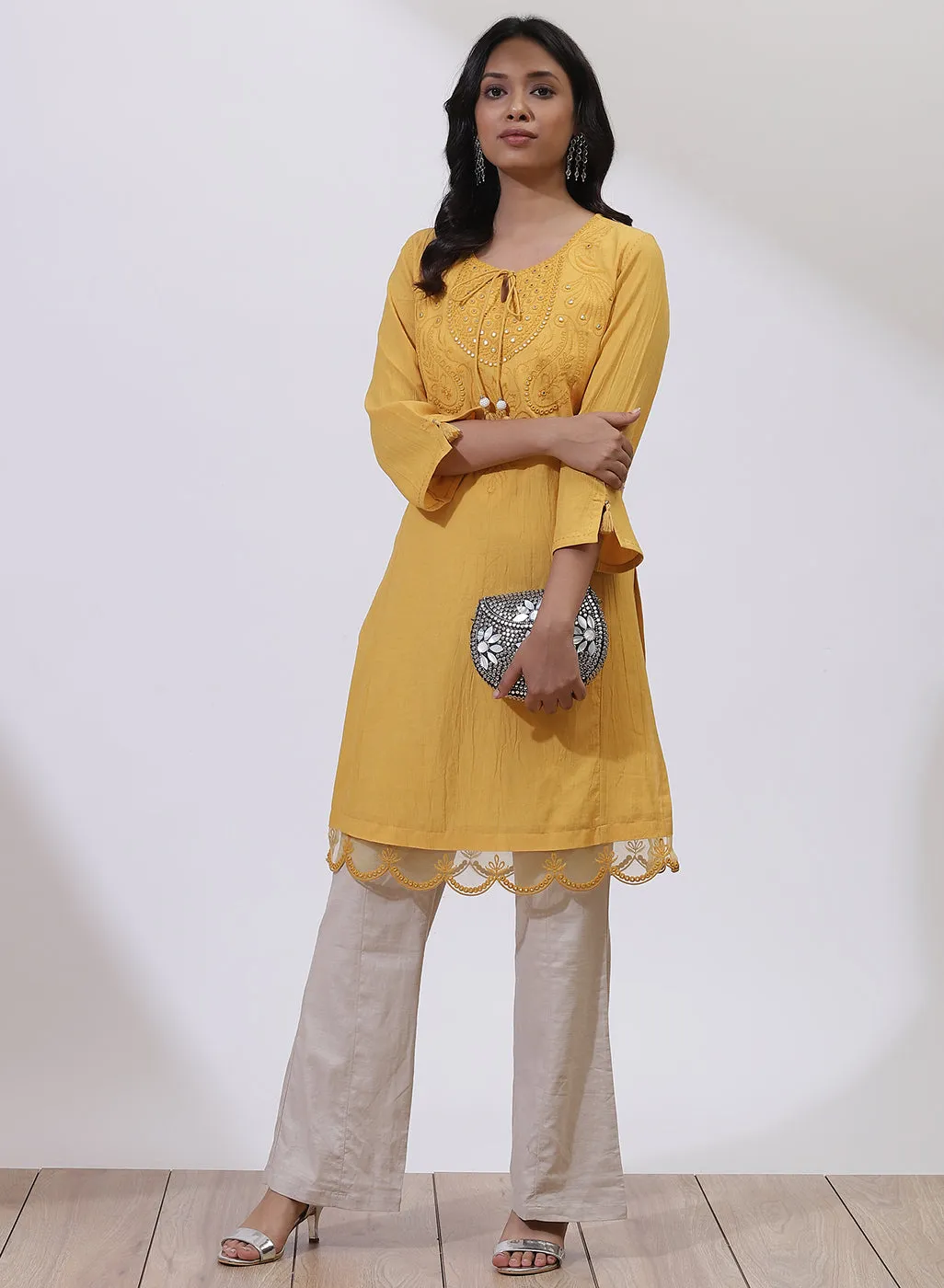 Mustard A-Line Kurta with Delicate Embroidery