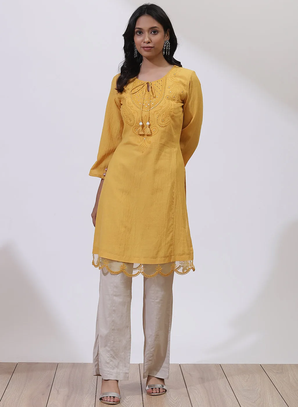 Mustard A-Line Kurta with Delicate Embroidery