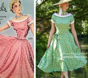 Polkadot green linen swing dress 1950s inspired